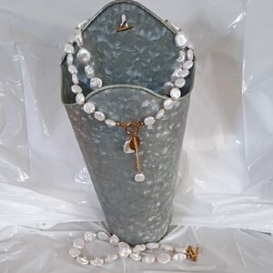 Elegant Gold and White Pearl Necklace/Pierced Earring Set